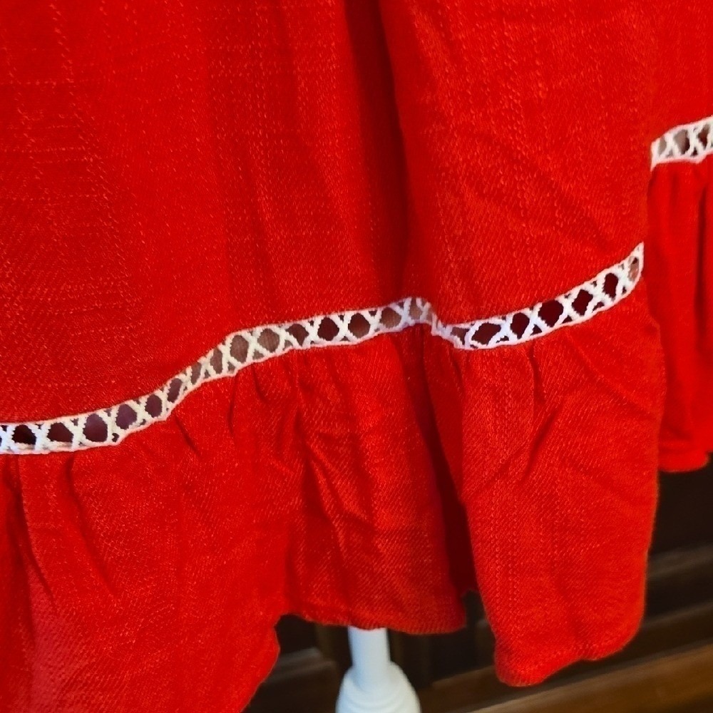Umgee USA Red Bell Sleeve Lace Trim Peasant Tunic Blouse Top Large - Picture 6 of 7